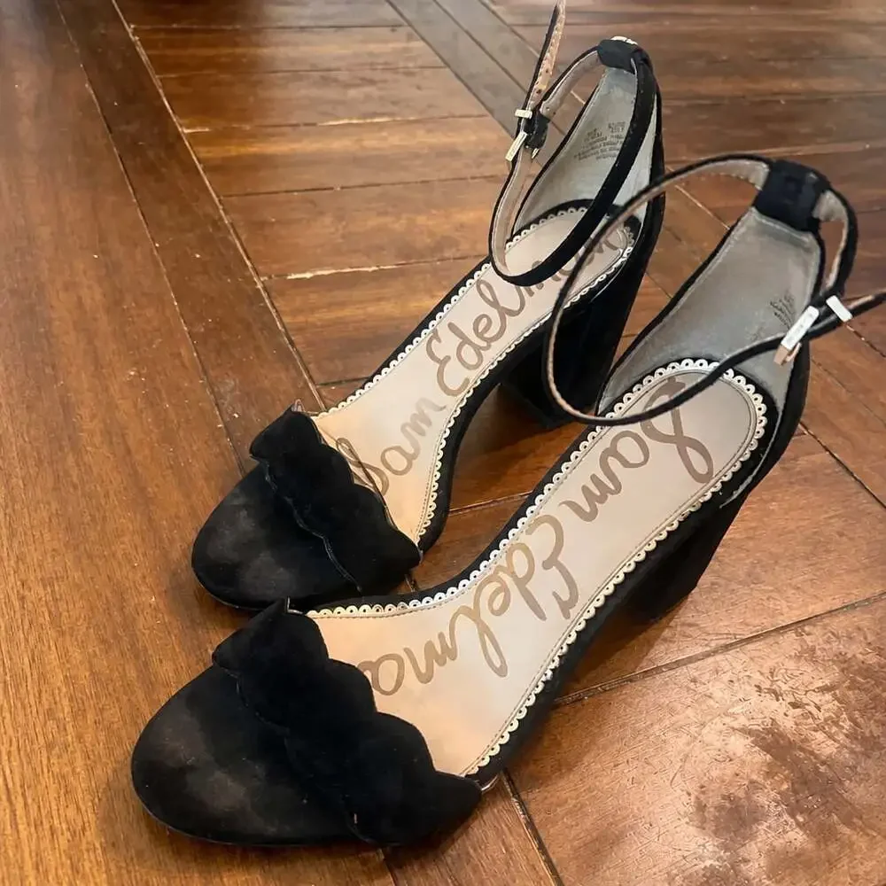Sam Edelman Odila Black Suede Scallop Block Heel Sandals Women 8.5 Ankle Strap